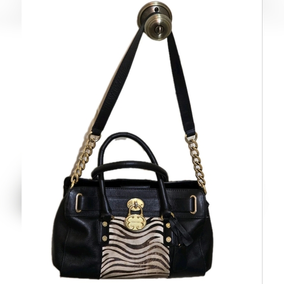 Emma Fox Satchel Purse Black Leather Zebra Print Gold Hardware Shoulder Bag - Picture 1 of 16